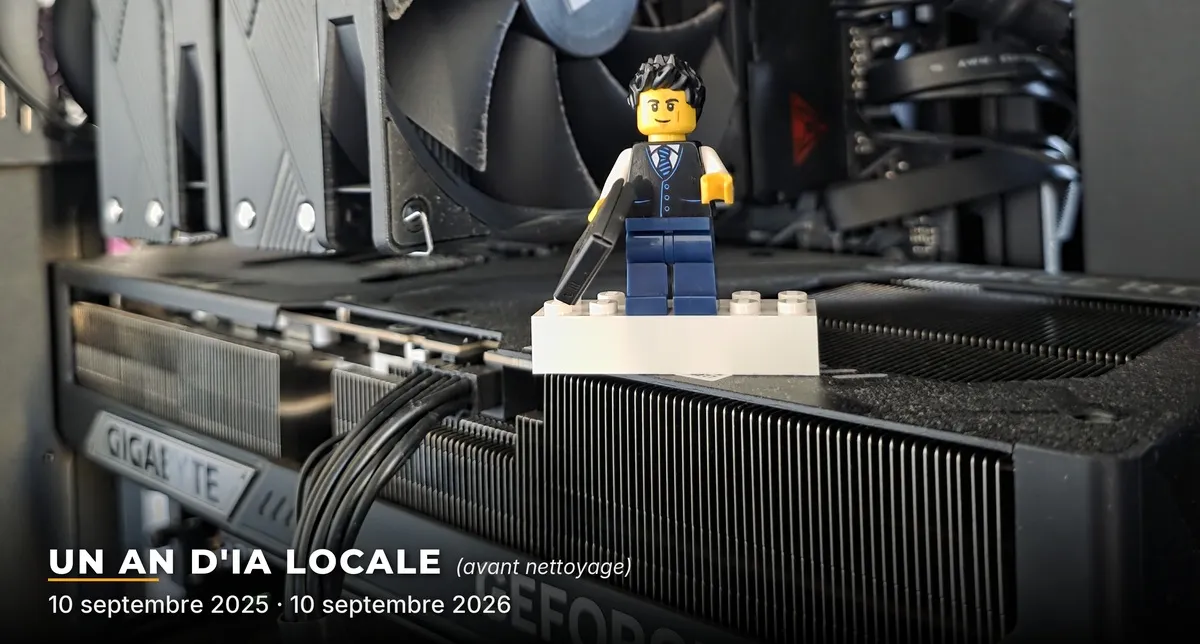Une figurine LEGO en gilet et cravate, debout sur une brique blanche posée sur la carte graphique d’un PC ouvert, entre ventilateurs et câbles. En bas à gauche, le titre incrusté « Un an d’IA locale (avant nettoyage) » et les dates 10 septembre 2025 · 10 septembre 2026.