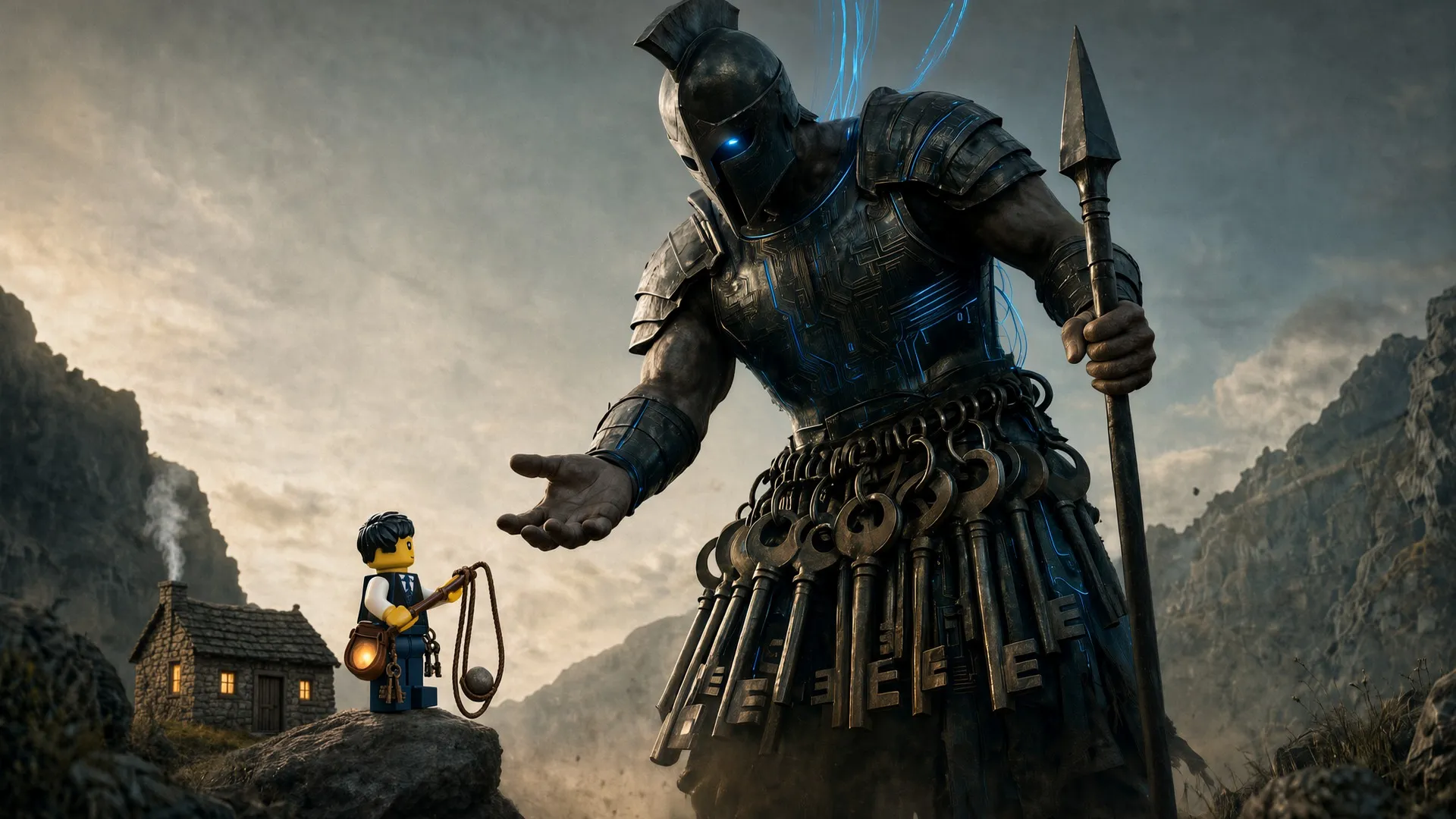 Une figurine LEGO armée d’une fronde, devant sa maison, face à un géant en armure qui porte à la ceinture des dizaines de clés.